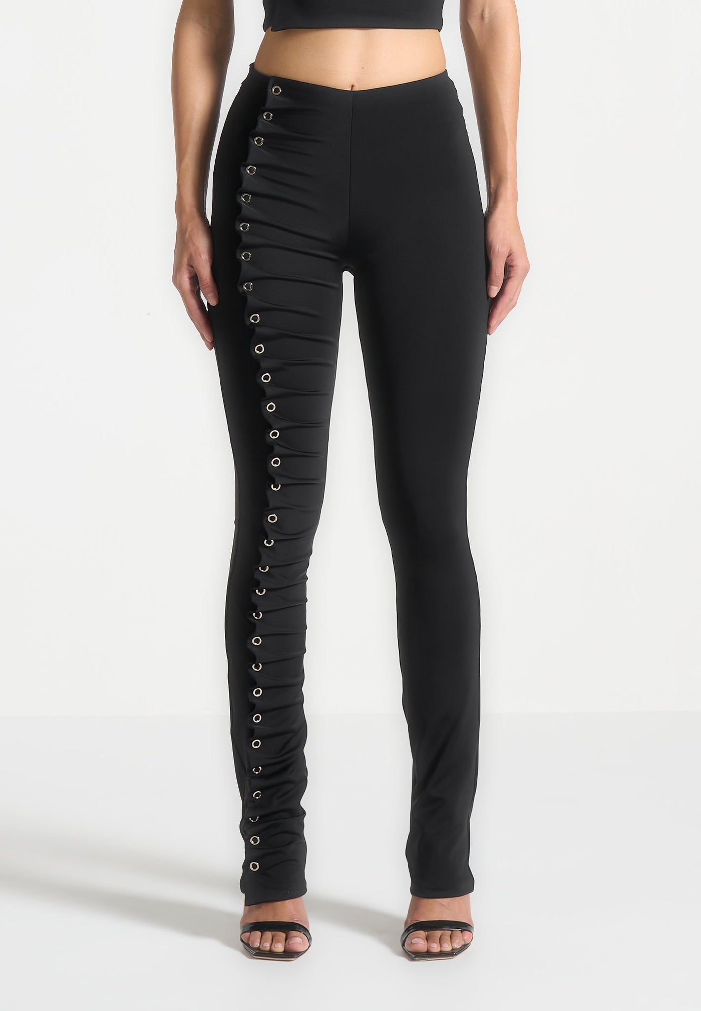 Eyelet Detail Tacked Leggings - Black