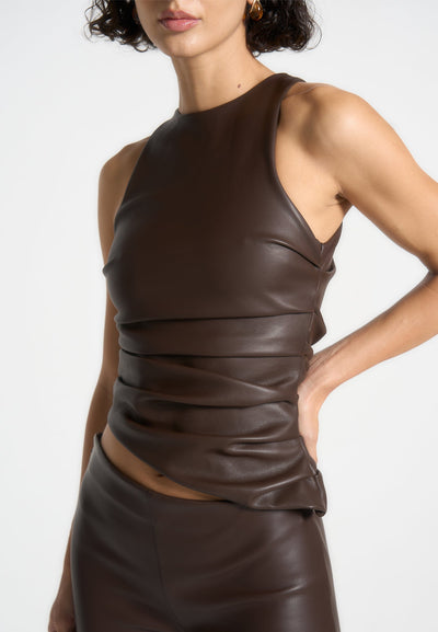 Leather Asymmetric Tacked Racer Top - Brown