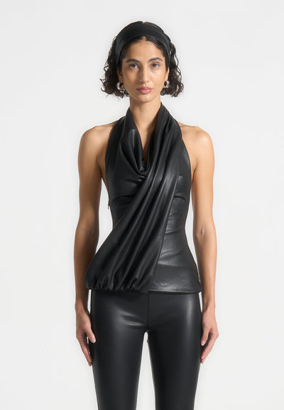 Leather Draped Halterneck Top - Black