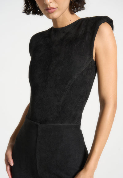 Wide Shoulder Suede Bodysuit - Black