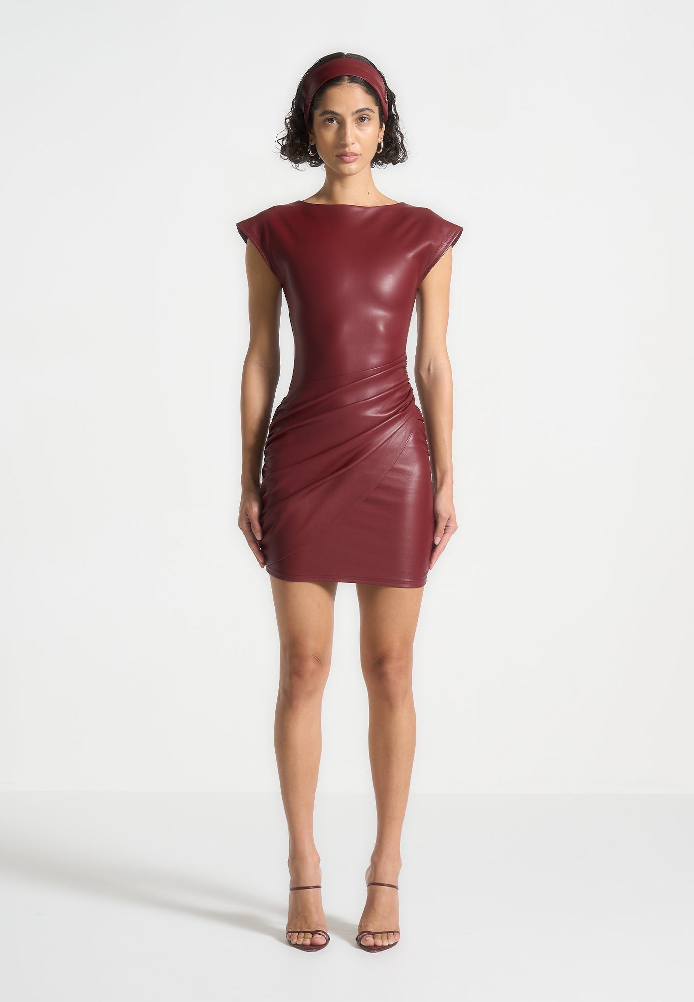 Leather Gathered Dress - Wine Red