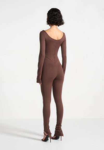 Twisted Bust Off Shoulder Jumpsuit - Brown