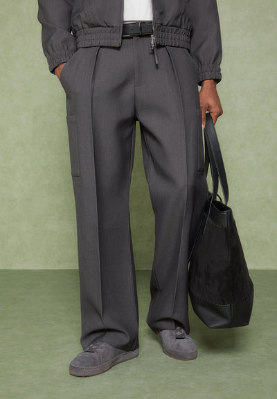 Wide Leg Pleated Pocket Trousers - Grey