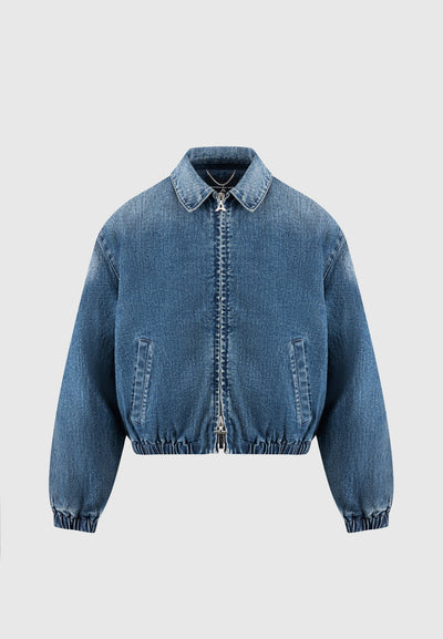 Denim Padded Cropped Bomber Jacket - Mid Blue