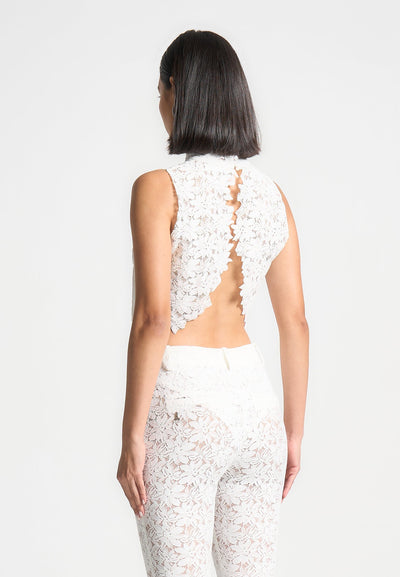 Lace Open Back Top - White