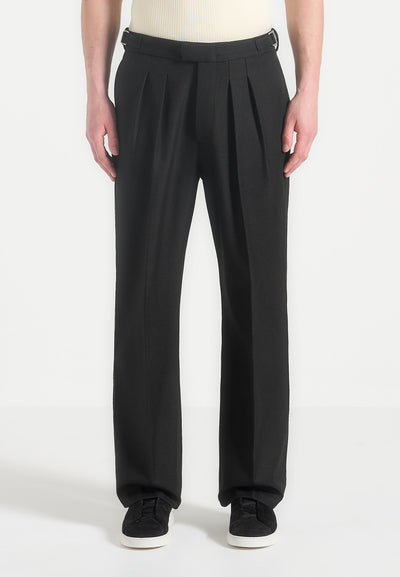 Relaxed Fit Twin Pleat Tailored Trousers - Black
