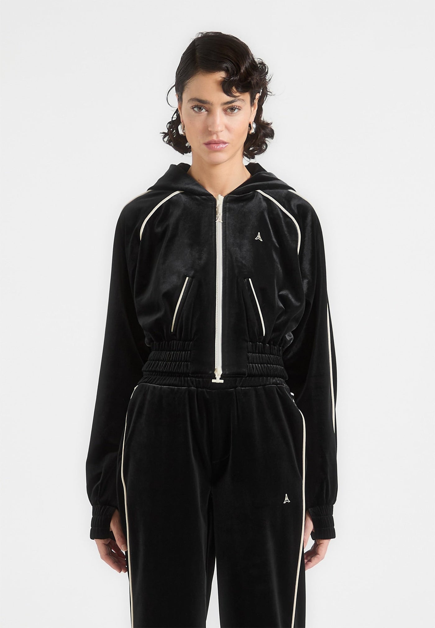 Eiffel Velour Zip Through Hoodie - Black
