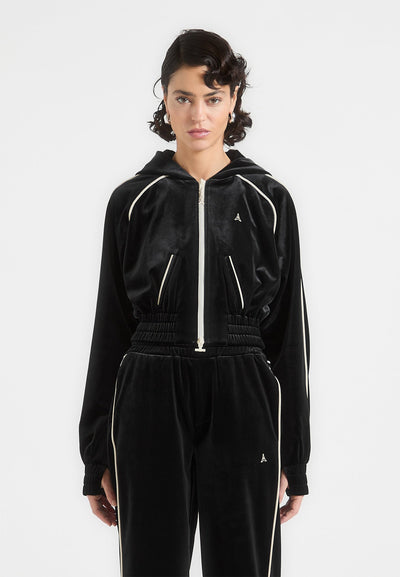 Eiffel Velour Zip Through Hoodie - Black