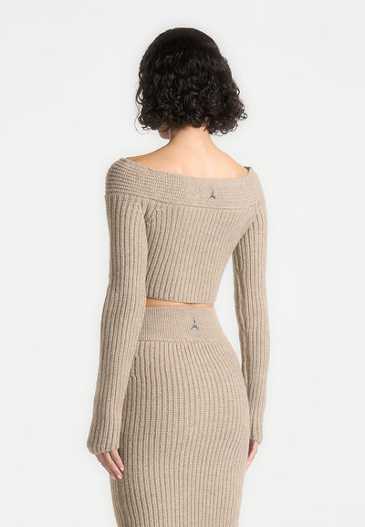 Off Shoulder Knit Crop Top - Beige Marl