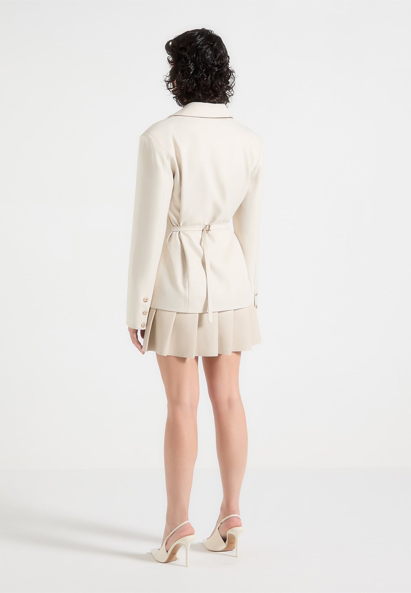 Tailored Cinch Blazer Dress with Pleats - Beige