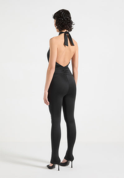 Twist Halterneck Ruched Jumpsuit - Black