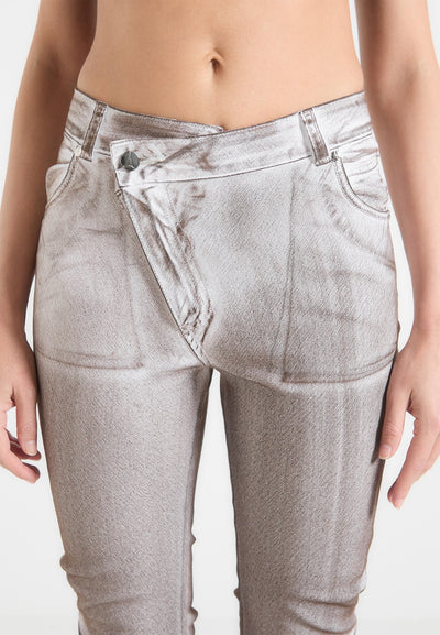 Denim Effect Tacked Fit and Flare Jeans - Brown/White