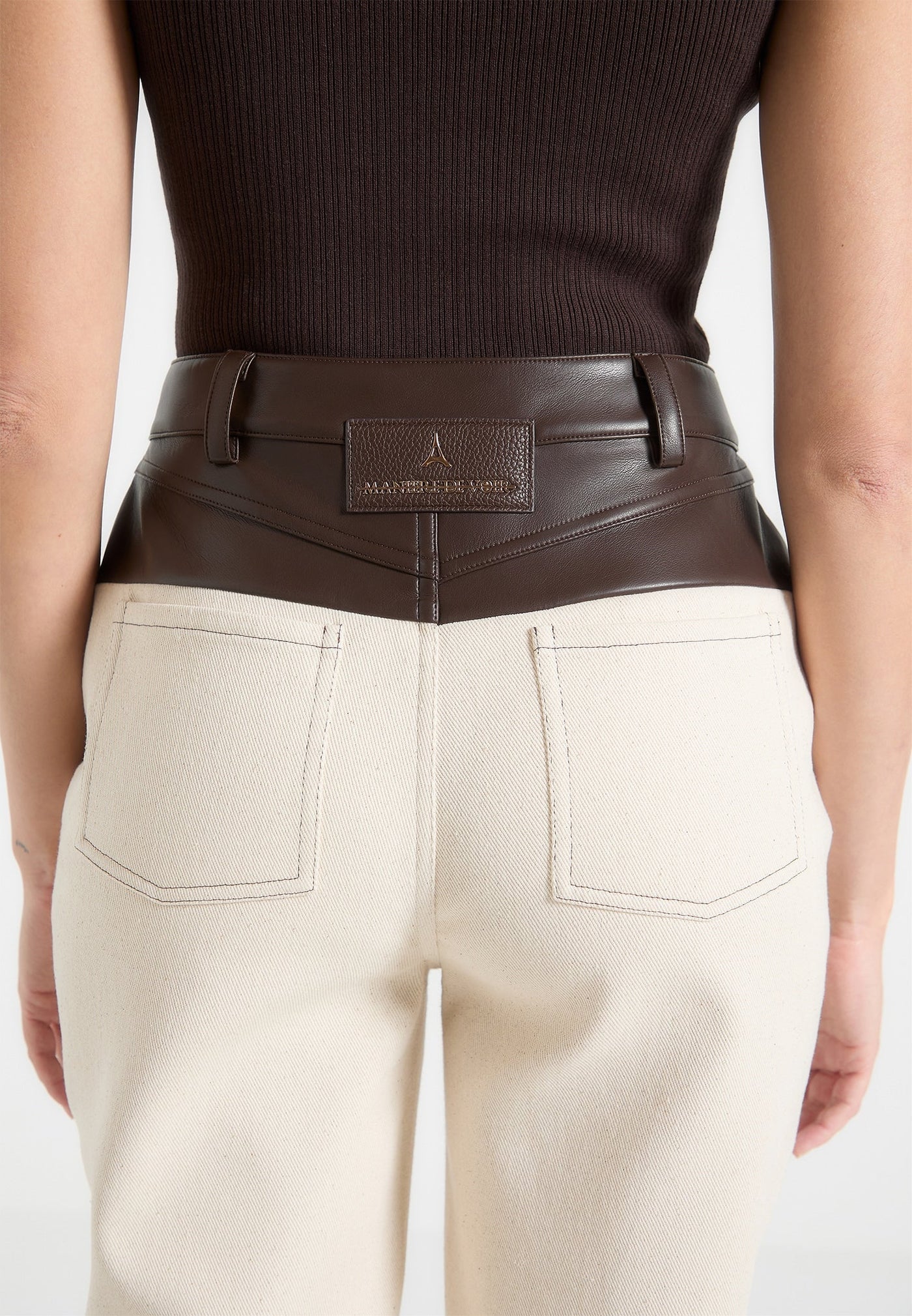 Leather & Denim Boyfriend Jeans - Cream/Brown