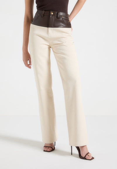 Leather & Denim Boyfriend Jeans - Cream/Brown