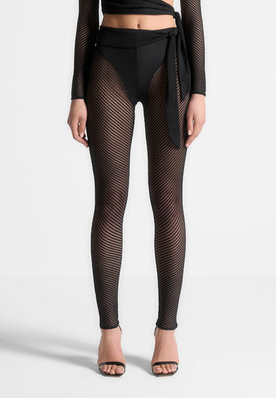 Ribbed Sheer Leggings with Tie - Black
