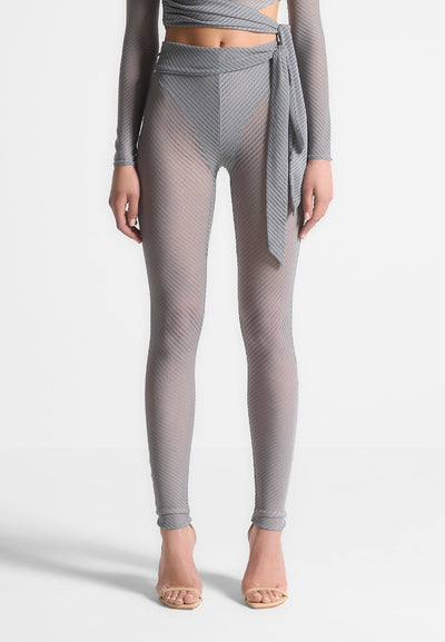 Ribbed Sheer Leggings with Tie - Grey