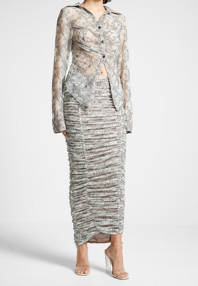 Ruched Lace Asymmetric Midaxi Skirt - Off White