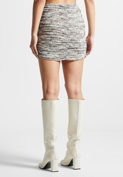 Ruched Lace Asymmetric Mini Skirt - Off White
