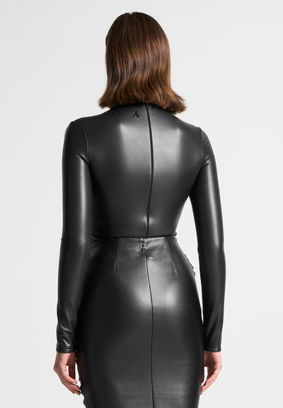 Leather Mock Neck Bodysuit - Black