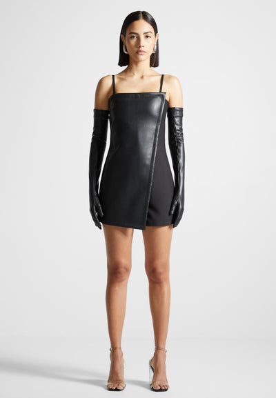 Leather Tailored Playsuit with Gloves - Black