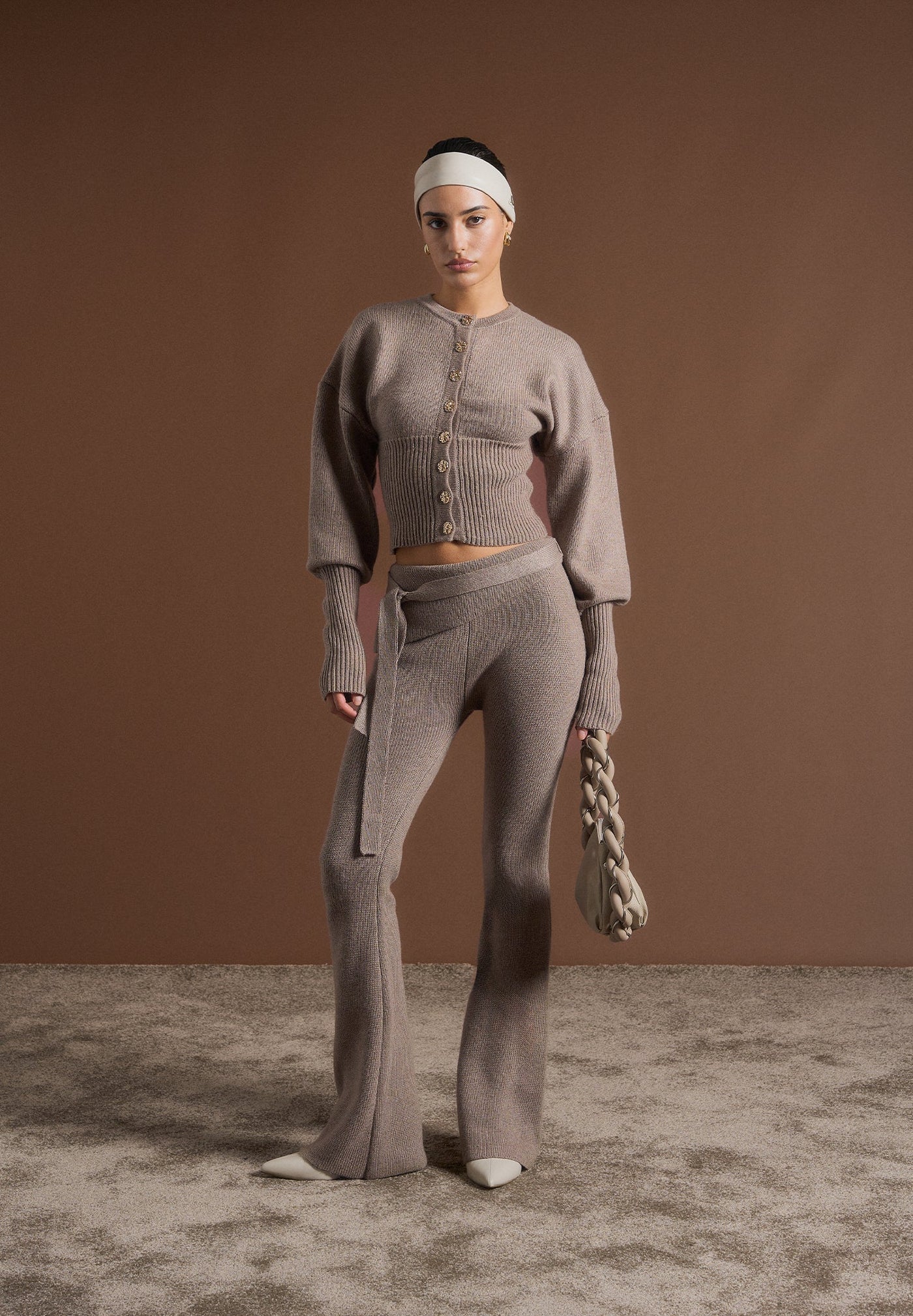 Knitted Fit & Flare Leggings with Belt - Taupe