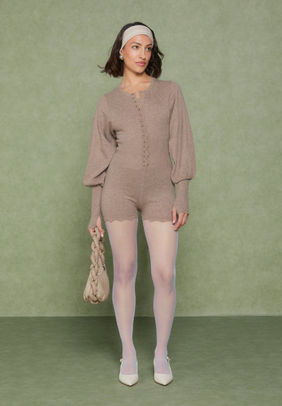 Knitted Scallop Hem Playsuit - Taupe