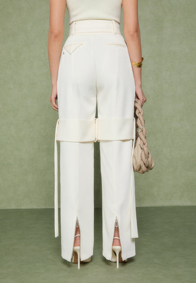 Tailored Belted Strap Detail Trousers - Cream