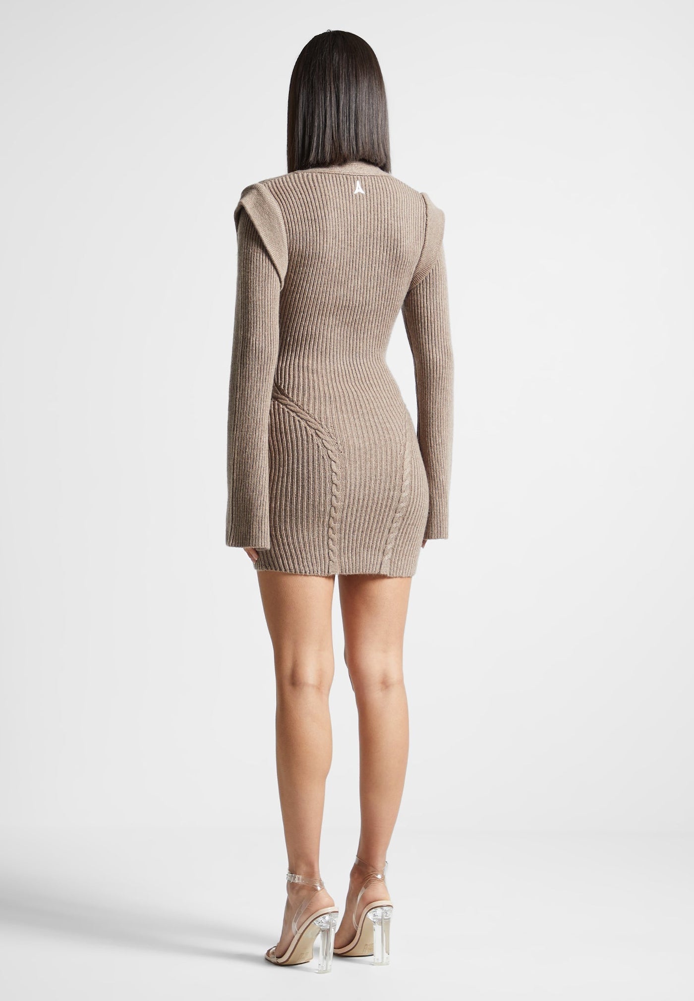 Wide Shoulder Knitted Contour Mini Dress - Taupe