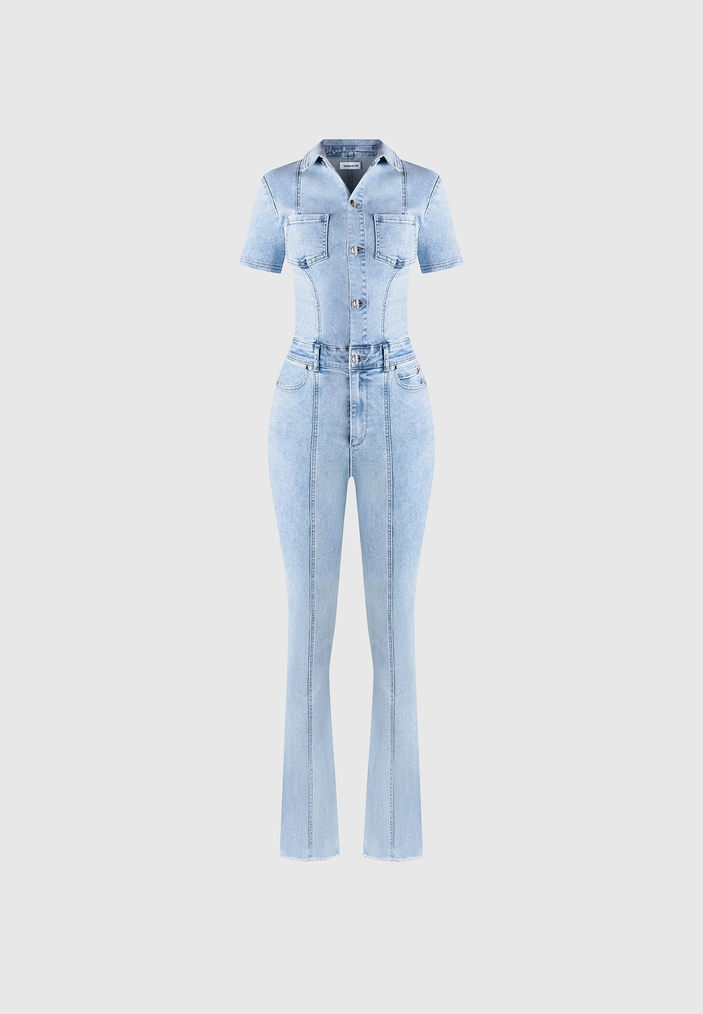 Mini Flared Denim Jumpsuit - Mid Blue