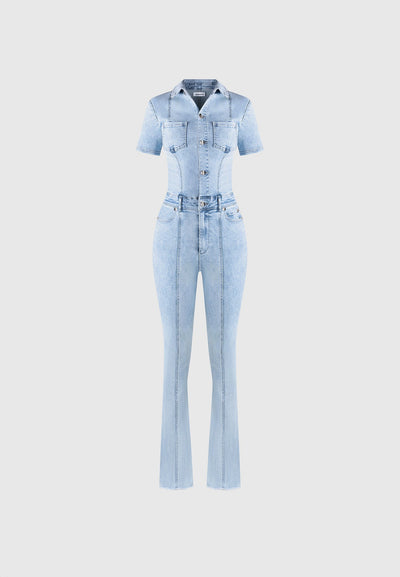Mini Flared Denim Jumpsuit - Mid Blue