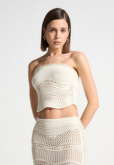 Pearl Applique Crochet Bandeau Top - Cream