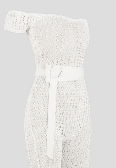 Pointelle Knit Bardot Jumpsuit with Belt - Cream