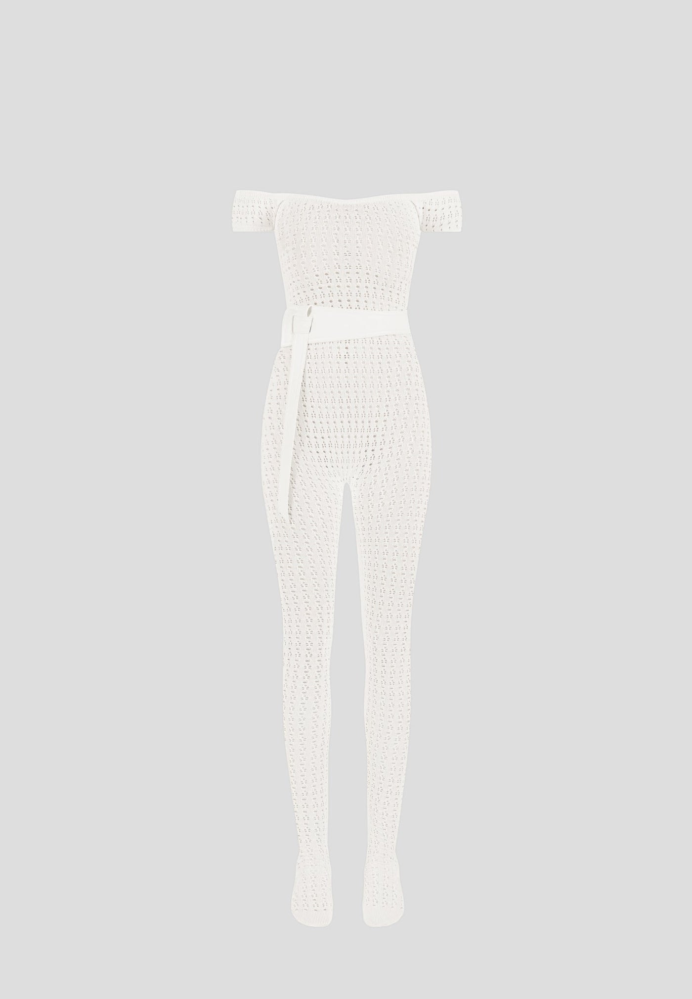 Pointelle Knit Bardot Jumpsuit with Belt - Cream