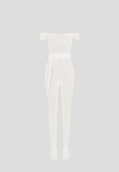 Pointelle Knit Bardot Jumpsuit with Belt - Cream