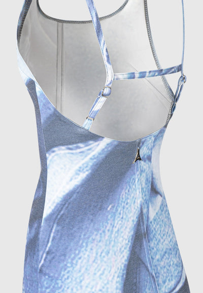 Printed Denim Effect Maxi Dress - Blue