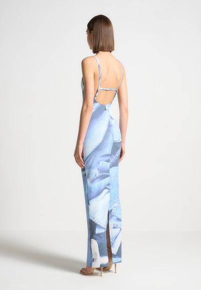 Printed Denim Effect Maxi Dress - Blue
