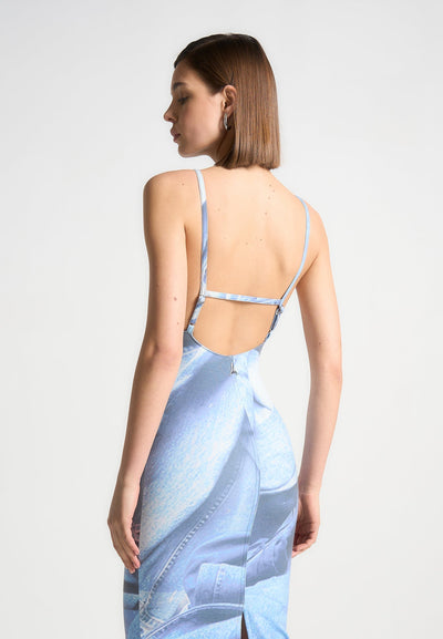Printed Denim Effect Maxi Dress - Blue