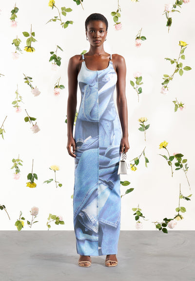 Printed Denim Effect Maxi Dress - Blue