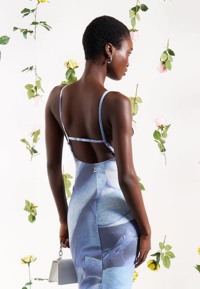 Printed Denim Effect Maxi Dress - Blue