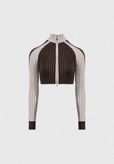 Rib Knit Track Jacket - Brown/Beige