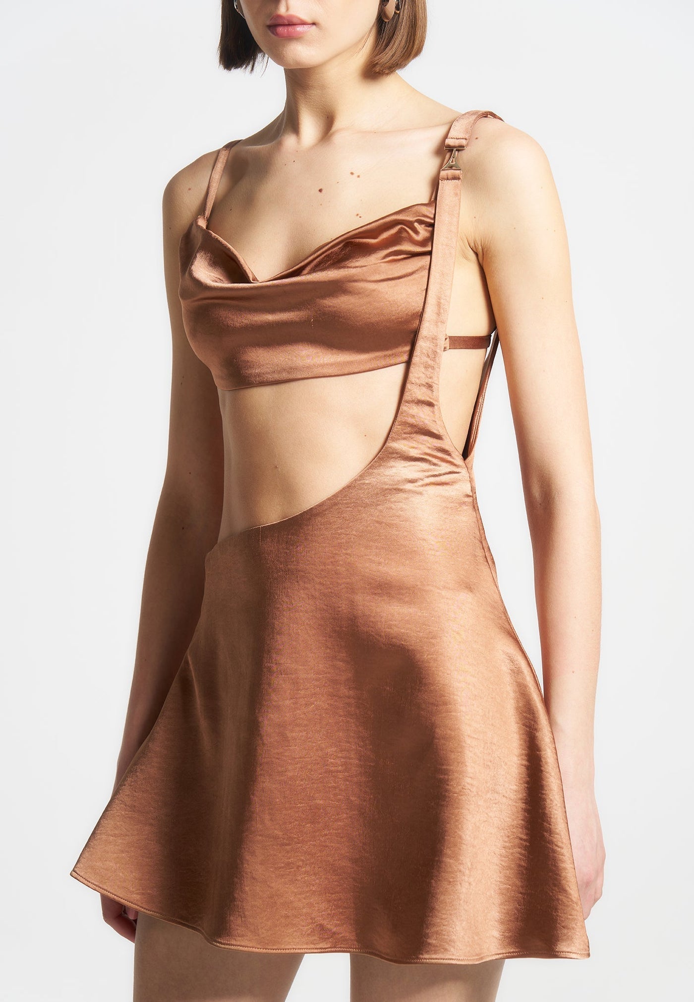 Satin Bralette Fluted Mini Dress - Bronze