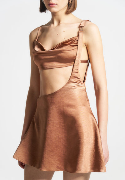 Satin Bralette Fluted Mini Dress - Bronze