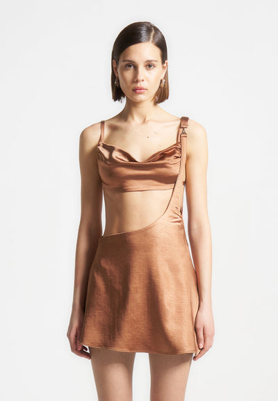 Satin Bralette Fluted Mini Dress - Bronze