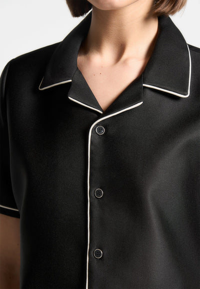 Satin Cropped Shirt with Piping - Black