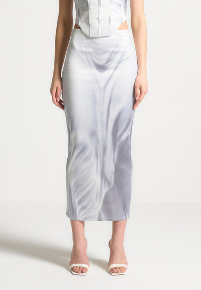 Satin Renaissance Body Print Midaxi Skirt - Off White